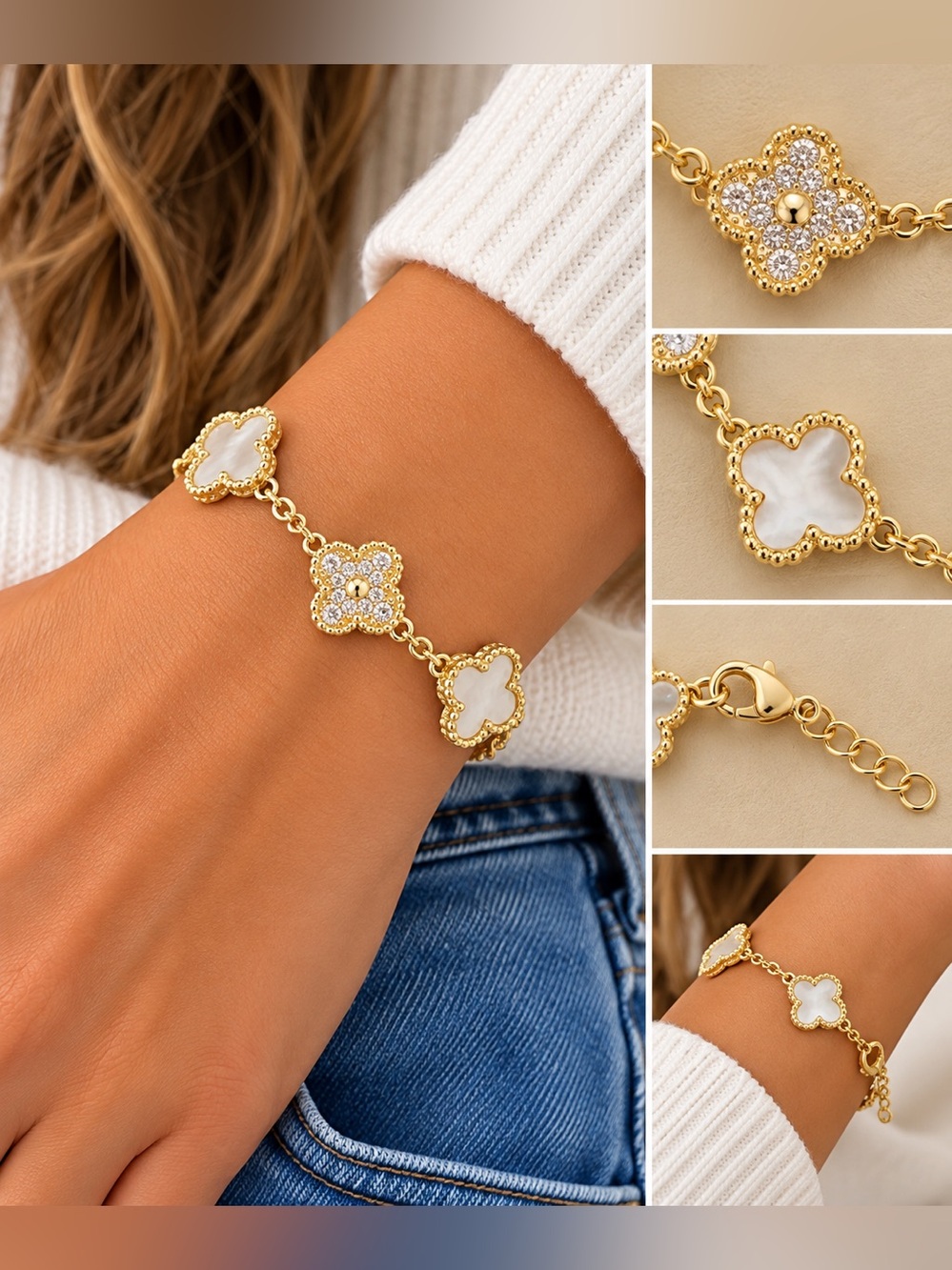 18K Gold Layered Mother of Pearl Clover Crystal Adjustable Bracelet